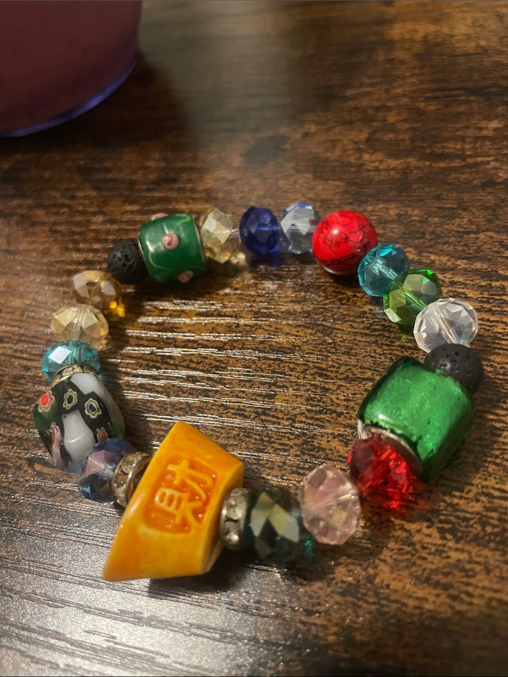 Colorful Beaded Stretch Bracelet with Green Accent